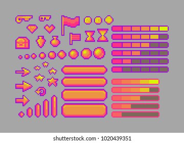 Pixel art bright icons. Vector assets for web or game design. Decorative GUI elements. Caramel color theme.