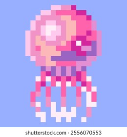 Pixel art of bright pink jelly fish in the ocean