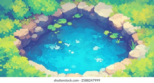 Pixel art bright pond with lily pads and stones in lush greenery