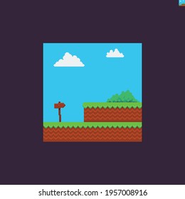 Pixel art bright scene with green grass, bush, wooden arrow direction sign and clouds