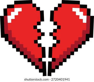 Icono de corazón roto del arte del pixel, símbolo rojo del corazón agrietado para la tristeza y la ruptura, Ilustración vectorial retro del estilo del juego de 8 bits