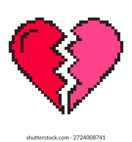 Ícone de coração partido Pixel art em estilo retrô de 8 bits. Símbolo de coração quebrado triste, ideal para jogos, apps, adesivos, UI, projetos de desmembramento e coração, arte digital