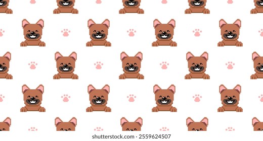 Pixel art brown french bulldog seamless pattern background for design.