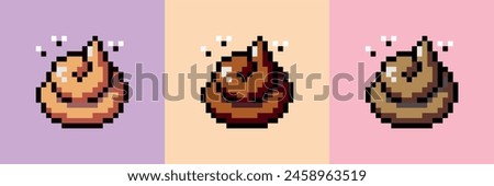 Pixel art brown poop vector illustration set. Cartoon image emoji bunch shit. Icon pile of dog poo with flies in style of old eight-bit games isolated on color background.