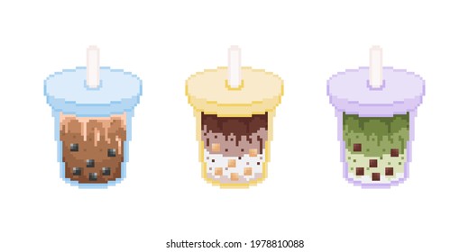 Pixel art bubble milk tea illustration. Vintage boba tea set in retro 8 bit gaming style. Pixel isolated bubble boba drink icons. Vector.