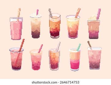 Pixel Art Bubble Tea e Smoothie Drink Collection. Um conjunto de dez ícones coloridos diferentes de bebidas em um estilo retrô de arte de 8 bits