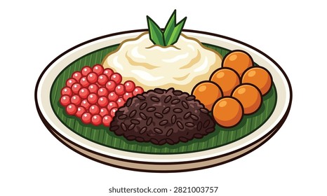 Pixel art bubur sumsum with sticky rice pearls and palm sugar balls on banana leaf plate