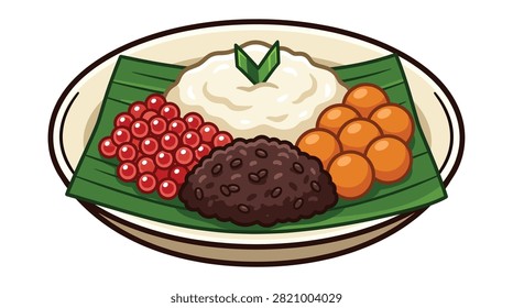 Pixel art bubur sumsum with sticky rice pearls and palm sugar on banana leaf plate
