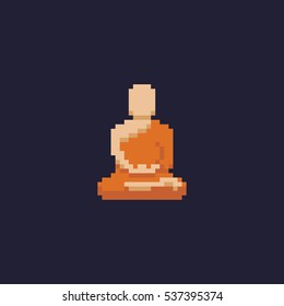 Pixel art buddhist monk meditating in lotus pose