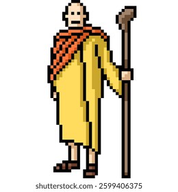pixel art of buddhist monk in yellow isolated background