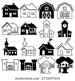 Pixel Art Building Icons Set. Retro 8-bit House, Castle, Church, and City Structures Vector Collection. Monochrome Silhouette and Outline.
