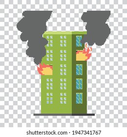 pixel art building on fire