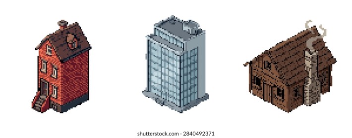 Pixel art buildings set featuring a red brick house glass office tower and rustic wooden cabin with chimney