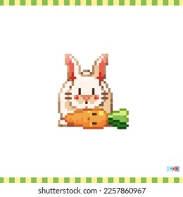 Pixel art bunny with carrot icon. Vector 8 bit style illustration of white rabbit. Cute decorative easter spring element of retro video game computer graphic for game asset, sprite, sticker or web.