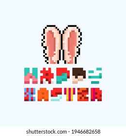 Pixel art bunny ears with happy easter text design.