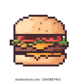 Pixel arte hambúrguer com camadas de queijo, alface, tomate, e uma empada de carne em um estilo retro
