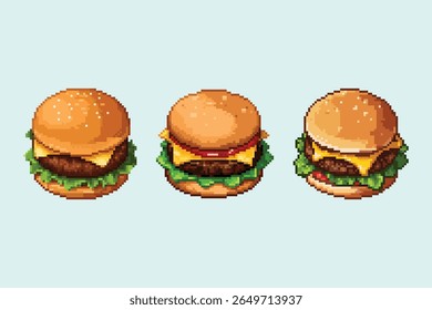 Pixel Art Burger Icon Set Retro Fast Food Hamburgers. Um delicioso conjunto de estilo de 8 bits pixel arte hambúrgueres e cheeseburgers.