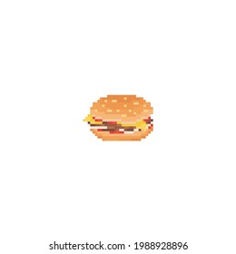 Pixel art burger icon. Vector Retro 8 bit illustration of burger. Pixel fast food isolated burger. Pixel vector burger icon for game, sticker, app, web design and more.