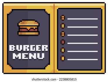 Pixel art burger menu, open paper menu vector icon for 8bit game on white background