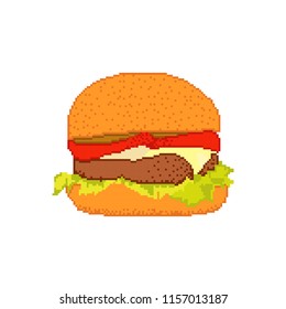 Pixel art. Burger on a white background. Vector illustration.