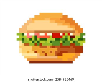 Pixel art of burger. Pixelated tasty burger