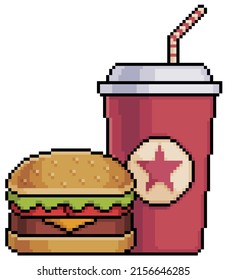 Pixel art burger and soda, fast food vector icon for 8bit game on white background
