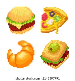 Pixel art burgers, pizzas, buns and sandwiches