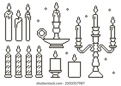 Pixel Art Burning Different Candles Set. Vector illustration in retro style