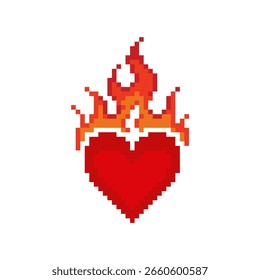 Pixel arte de corazón ardiente. Corazón pixelado en llamas