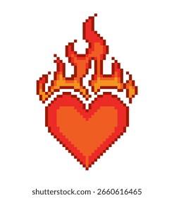 Pixel art of burning heart. Pixelated heart on fire
