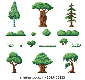Pixel art bush and trees. Backyard or forest game location landscape elements, 8 bit nature graphic, coniferous and deciduous green summer plants and grass, qualitative vector isolated set