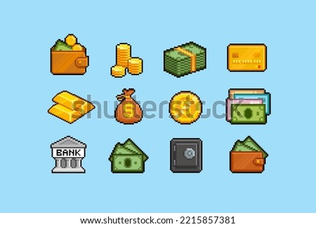 Pixel art Business and finance retro game style icon collection. Pixel money, gold coins, credit card, safe box, bank, wallet. 8-bit cash money icons for app design. Computer game assets