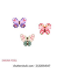 Pixel art butterflies icon. Vector 8 bit style illustration of spring butterflies of japan. set of three butterflies decorative oriental hanami elements of retro video game computer graphic.