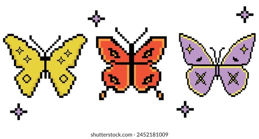 Pixel Art Butterfly. Color Pixelated Butterfly Illustrations. 8-bit Style Insect Icons. Retro Video Game Aesthetic. Trendy design for social media, cards, banner, flyer, brochure. 