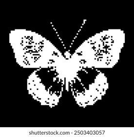 Pixel art of a butterfly on a black background. 1-Bit lo-fi style illustration.