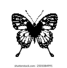 Pixel art of a butterfly on a white background. 1-Bit lo-fi style illustration.