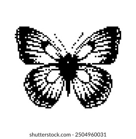 Pixel art of a butterfly on a white background. 1-Bit lo-fi style illustration.