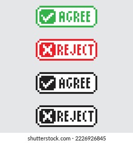 Pixel art. Button de acuerdo y rechazo establecido para ui 