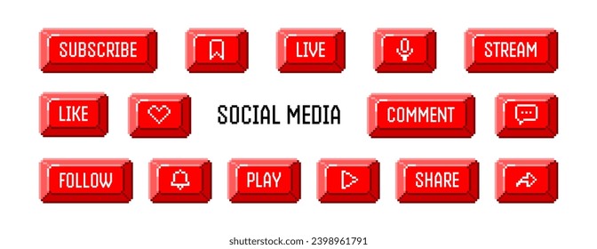 Pixel art buttons pack. 8 bit elements are suitable for social networks, podcasts and games. Vector illustration on a white background.