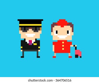 Pixel art cabin crew, captain pilot and stewardess isolated on blue background