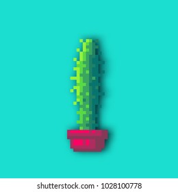 Pixel art cactus in a pot on blue background. Vector illustration.