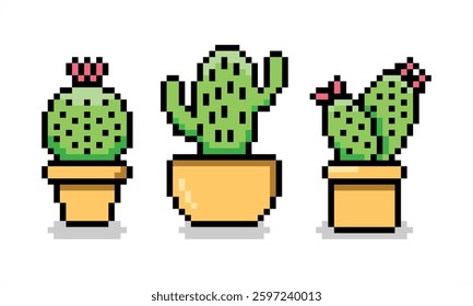 Pixel art of cactus vector ser. Pixelated cactus plant, comic and games concept.