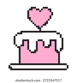 Icono de pastel de arte de píxel con glaseado rosa y coronilla de corazón. Símbolo de postre dulce retro de 8 bits para el Día de San Valentín. Ilustración vectorial de regalo de panadería pixelada colorida aislada en blanco.