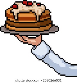 pixel art of cake serve waiter isolated background