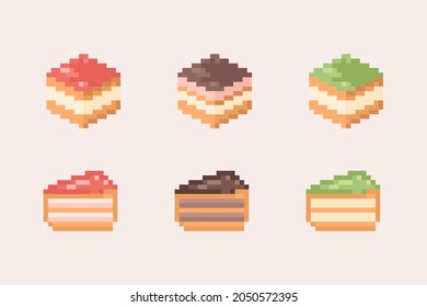 Pixel art cakes icon set with different types. Vector illustrations collection in retro 8 bit game style. 