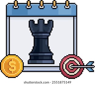 Pixel art of calendar with chess rook, coin and target in 8-bit style on white background