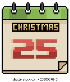 Pixel art calendar christmas day 25 december vector icon for 8bit game on white background.
