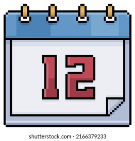 Calendario de arte de píxeles con fecha 12. Día 12. Icono vectorial del día festivo 12 para juego de 8 bits en fondo blanco
