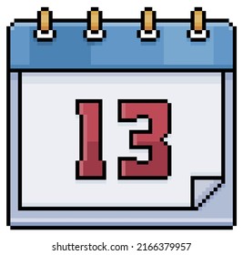 Pixel art calendar with date 13. Day 13. Holiday day 13 vector icon for 8bit game on white background
