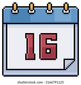 Calendario de arte de Pixel con fecha 16. Día 16. Icono vectorial del día festivo 16 para juego de 8 bits en fondo blanco
